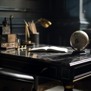 Wooden desk with antique lamp for studying literature generated by artificial intelligence